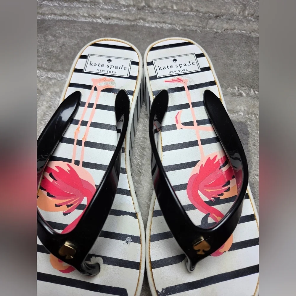 kate spade Black Striped Flip Flops with Pink Flamingo Print